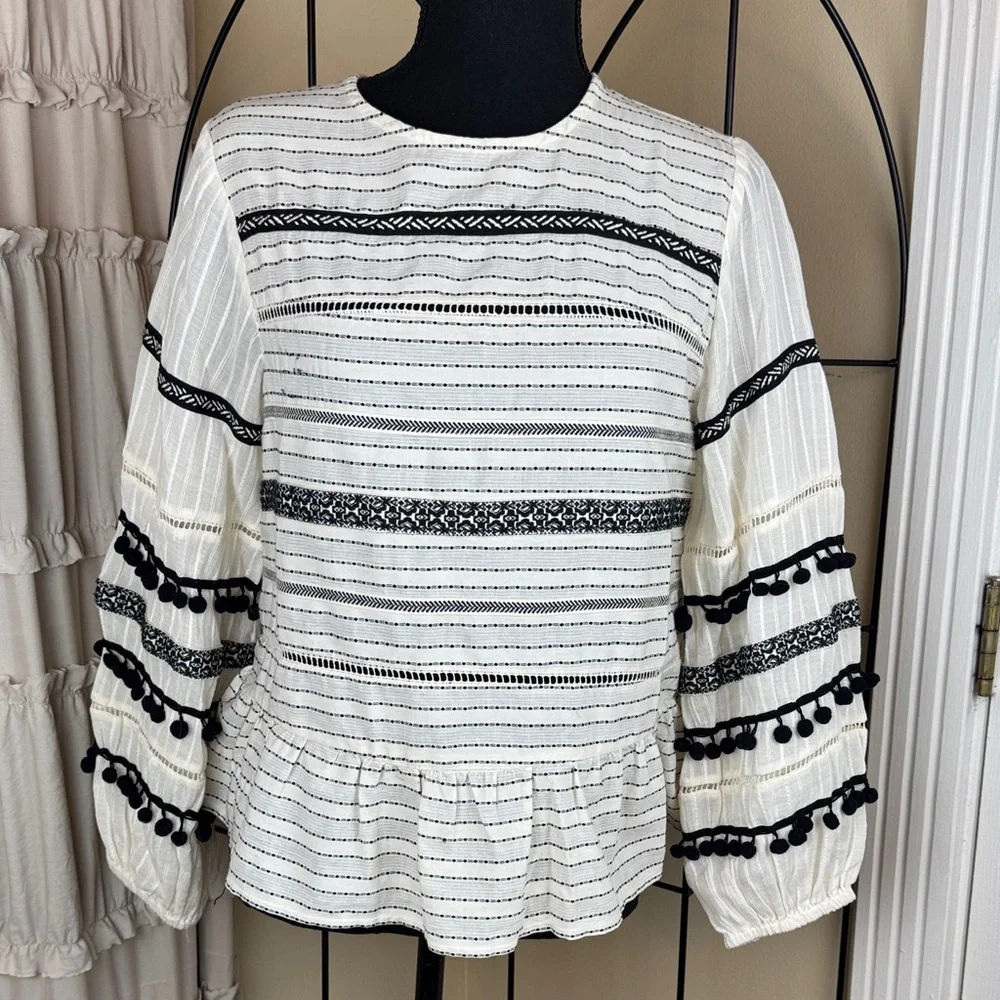 Zara Woman Off White Pom Pom Puff Sleeve Cotton Peasant Blouse Size XS